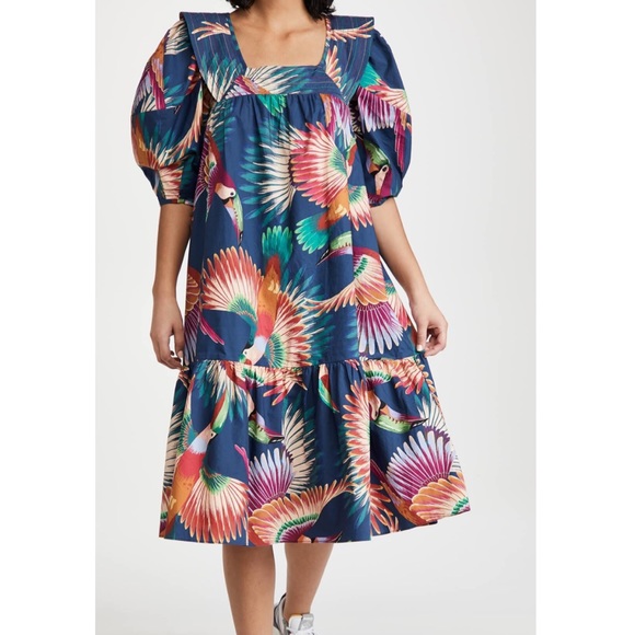 Farm Rio Navy Toucan Puff-Sleeve Midi Dress - Picture 4 of 16